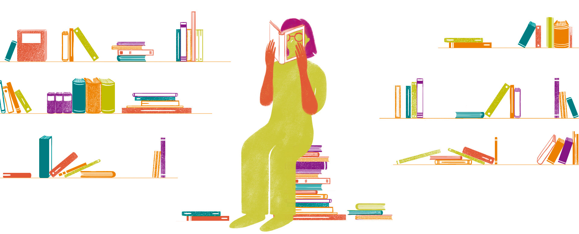 Búsqueda por autor Autor sentado, leyendo sobre una pila de libros, con repisas del catálogo editorial UDLAP en los extremos