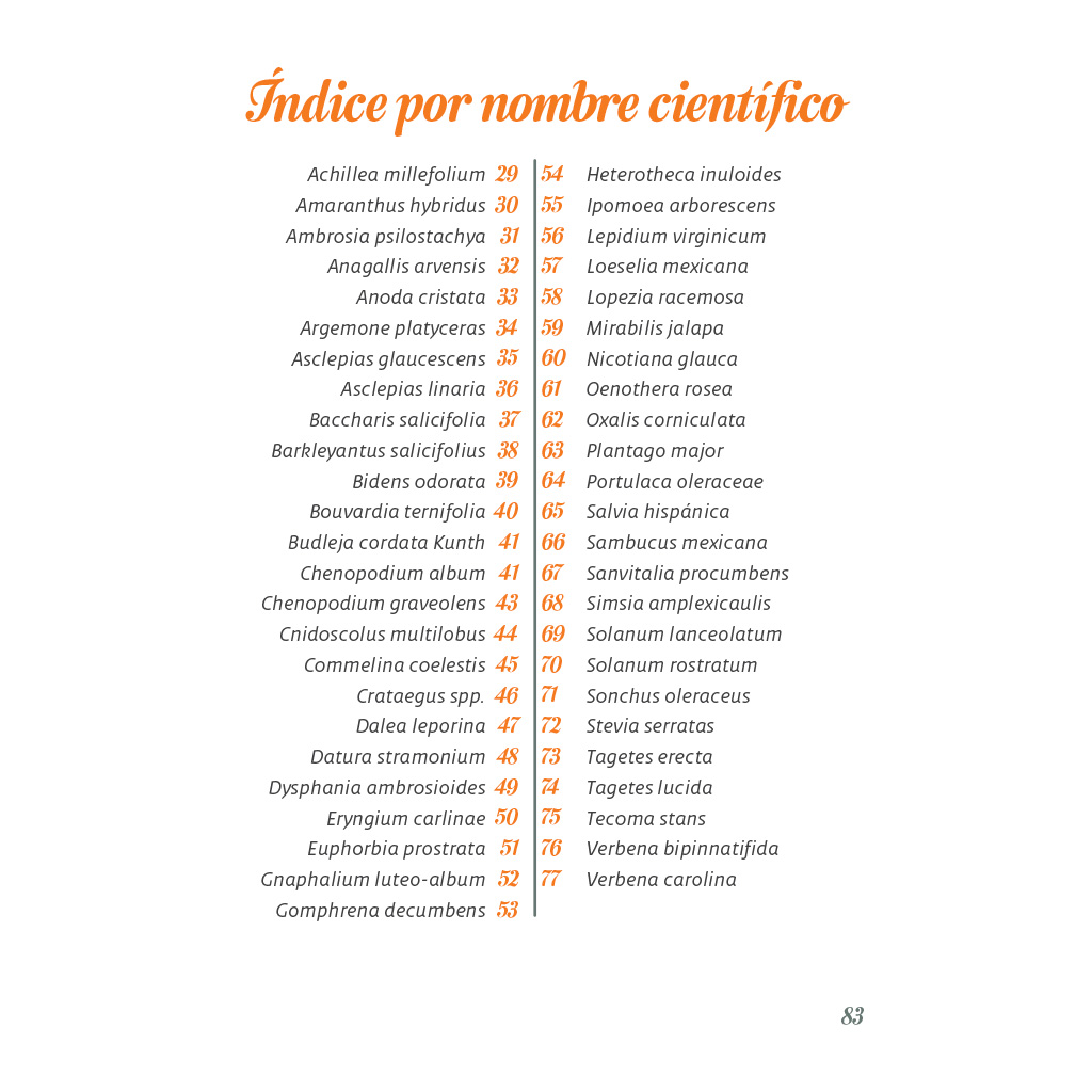 Índice científico del libro Las plantas silvestres medicinales de Cholula