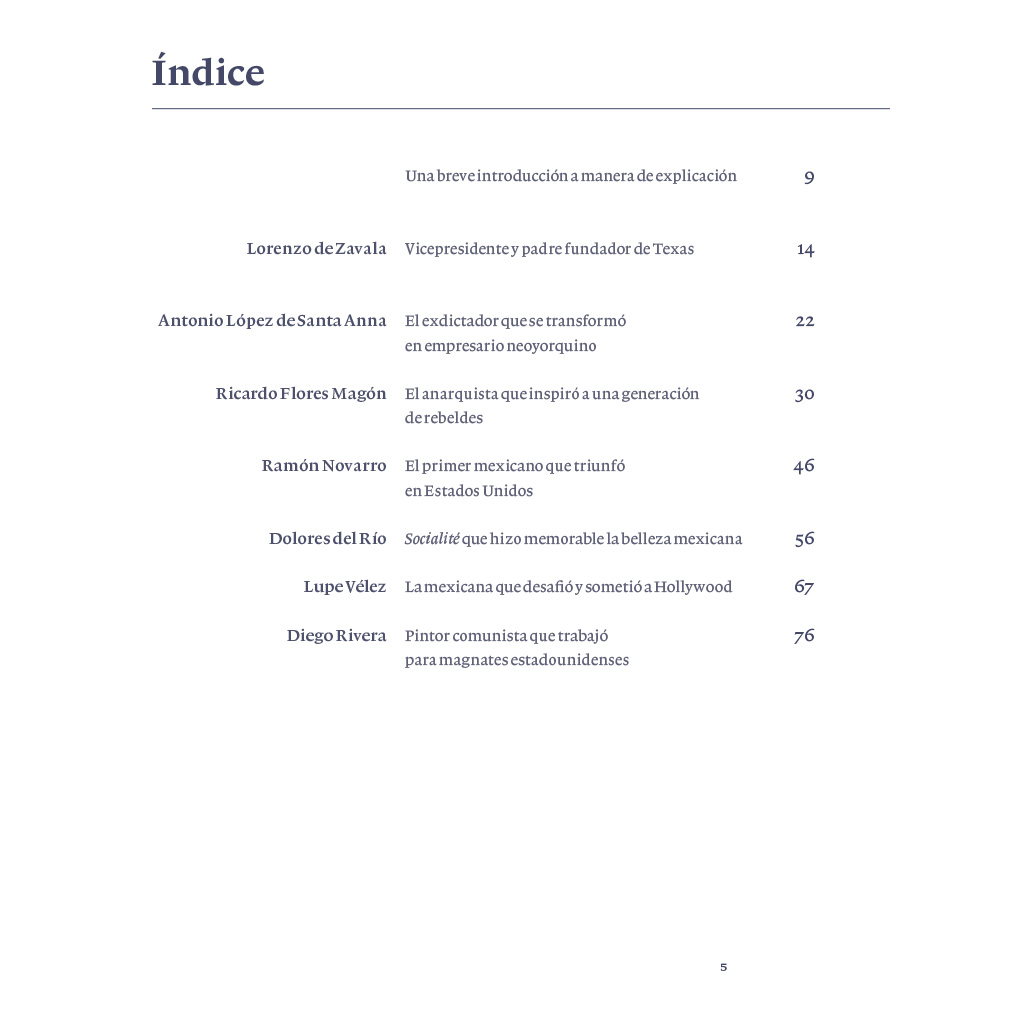 Índice del libro Mexican Los migrantes mexicanos con mayor influencia en Estados Unidos (1836-2017)