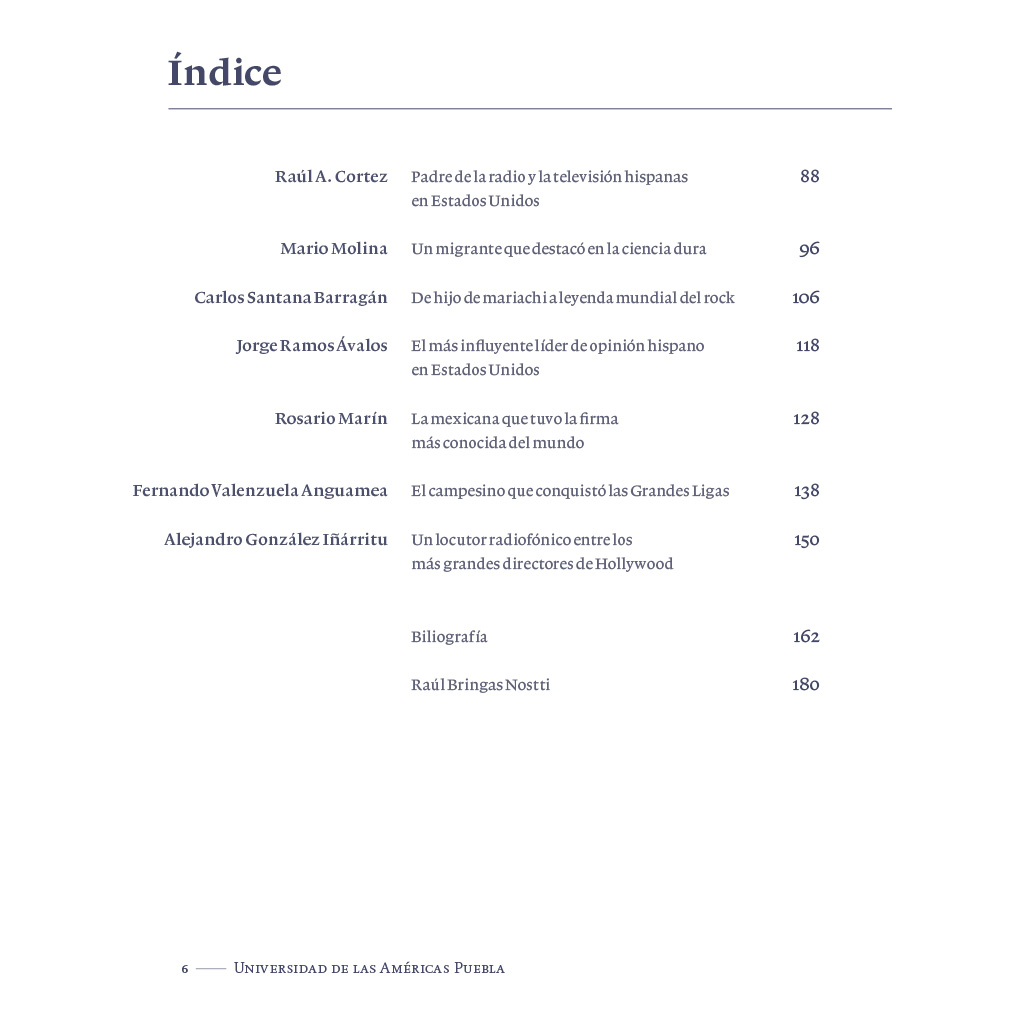 Índice del libro Mexican Los migrantes mexicanos con mayor influencia en Estados Unidos (1836-2017)