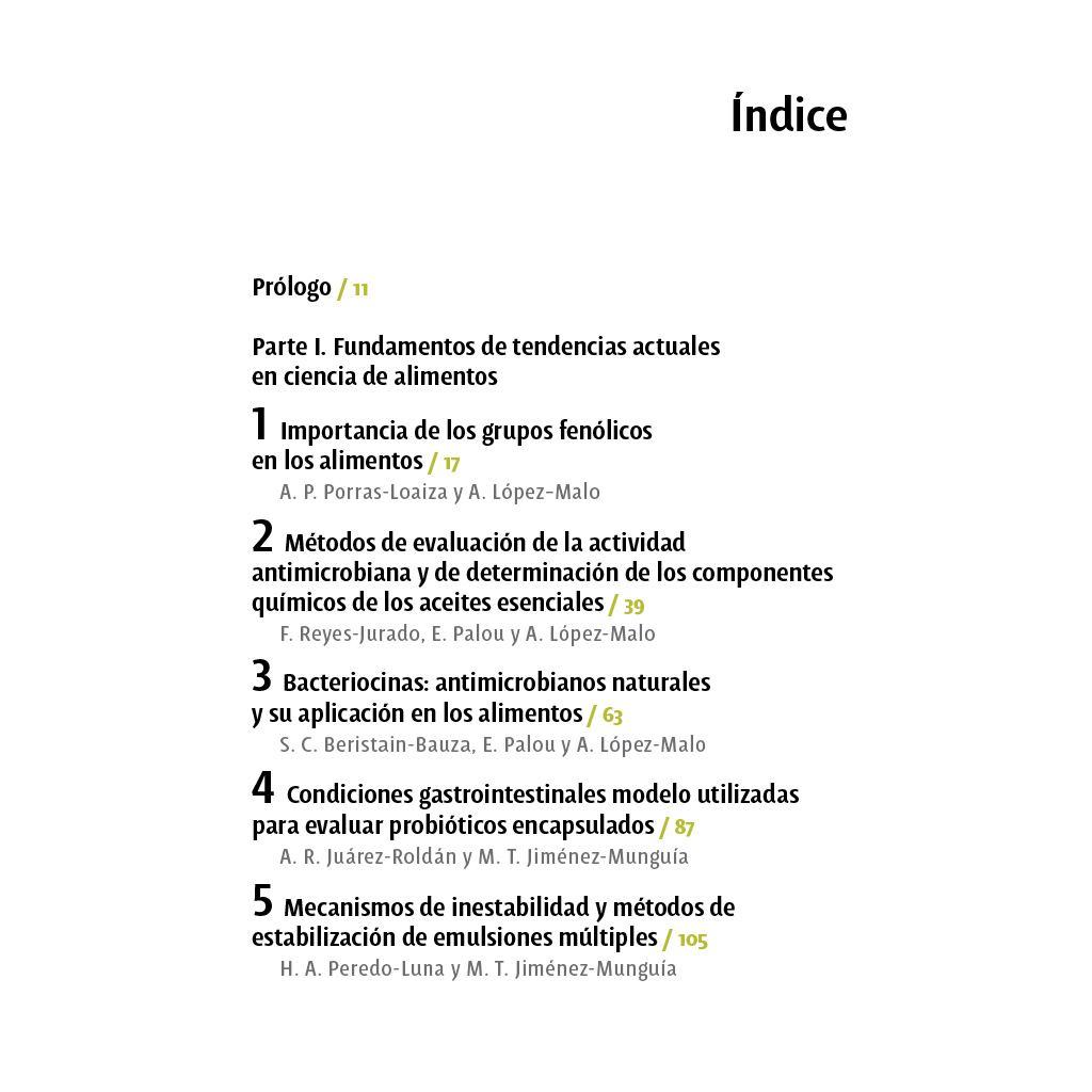 Índice del libro Tendencias en la ciencia de alimentos