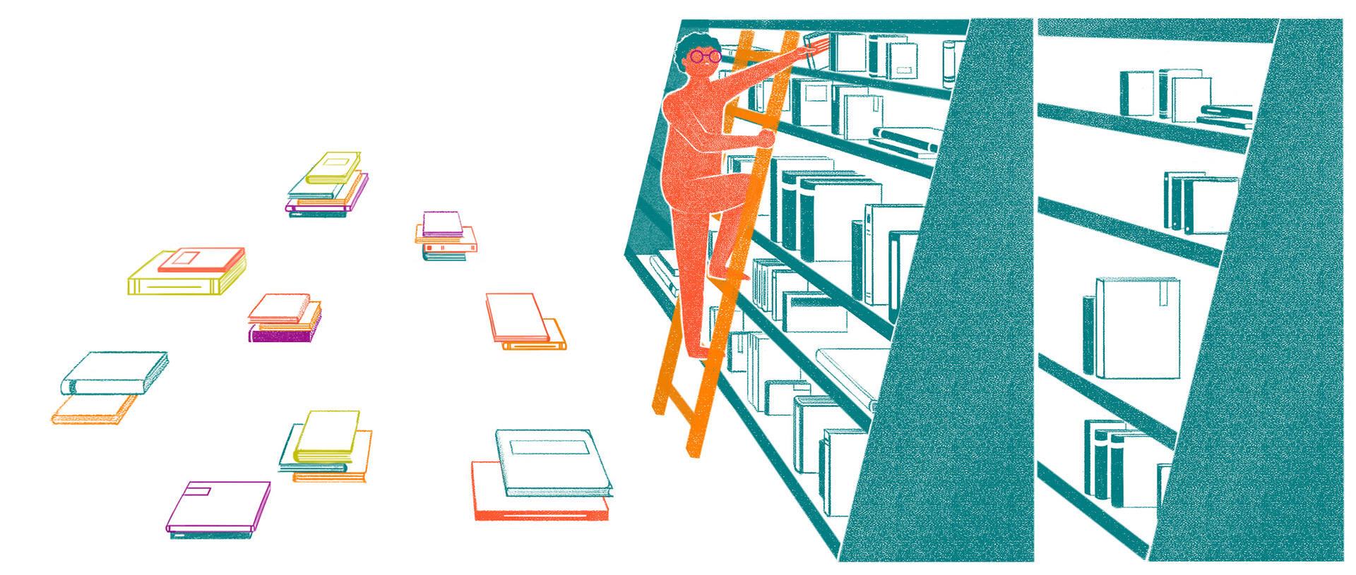 persona sobre una escalera que está buscando un libro en repisas que contienen el catálogo editorial UDLAP