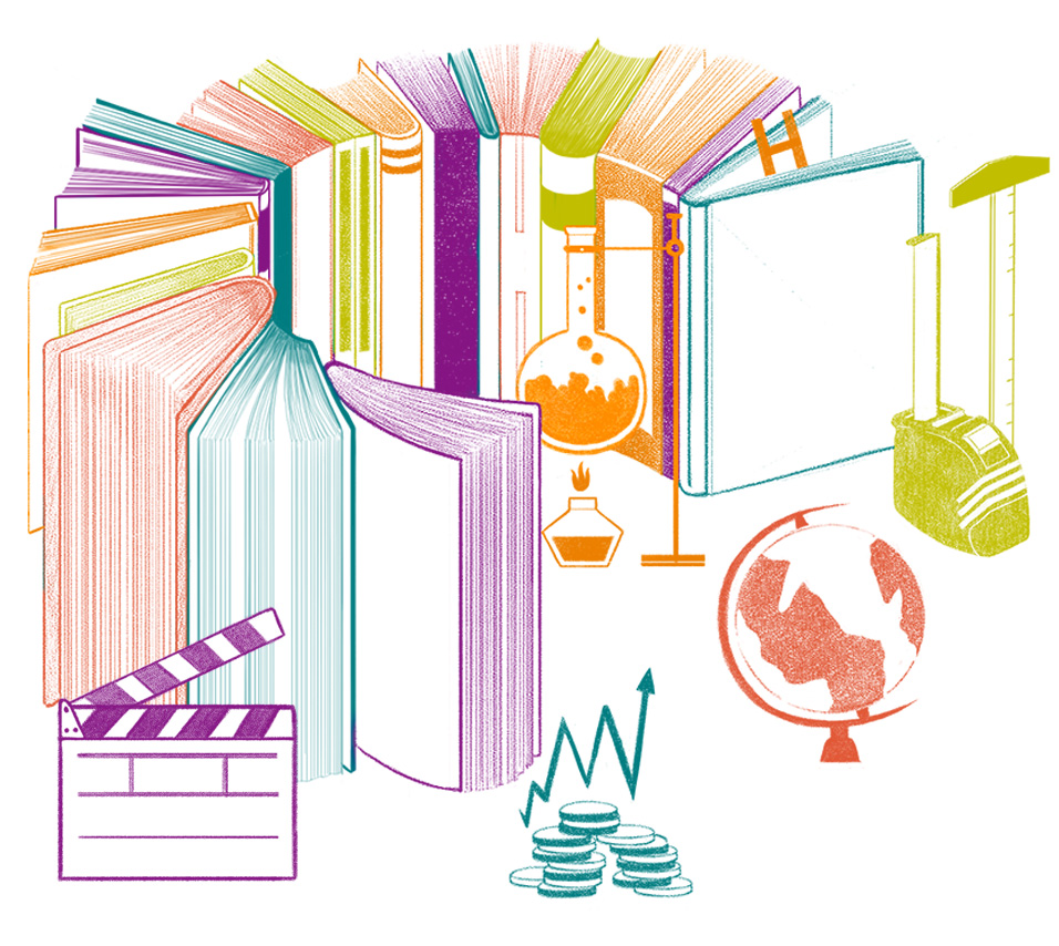 carrusel de libros del catálogo editorial UDLAP, rodeados por objetos que representan diversas áreas de conocimiento: una claqueta, un gráfico financiero, una regla T, una cinta métrica, un globo terráqueo y un matriz de Florencia